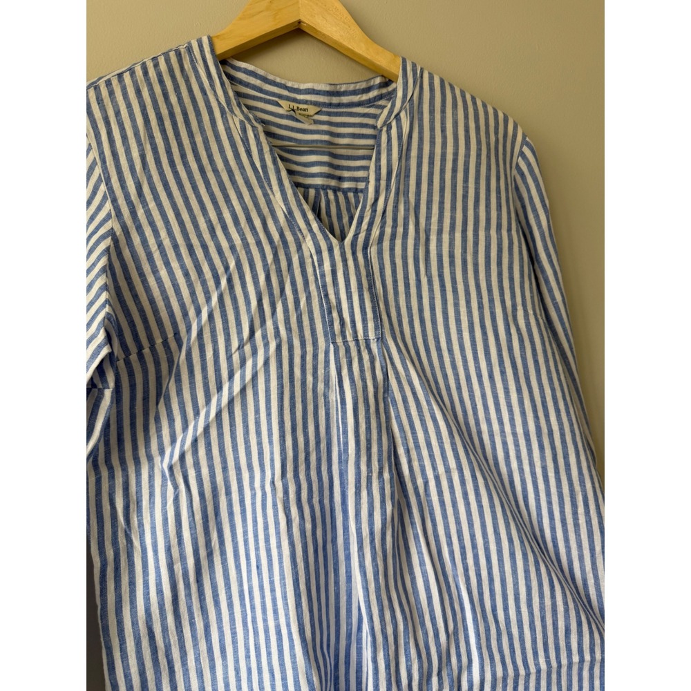 L.L. Bean Linen Tunic Blouse M Blue White Striped Split V-Neck 504808 - Picture 2 of 11